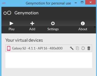 Genymotion Galaxy S2 ready to go in Genymotion